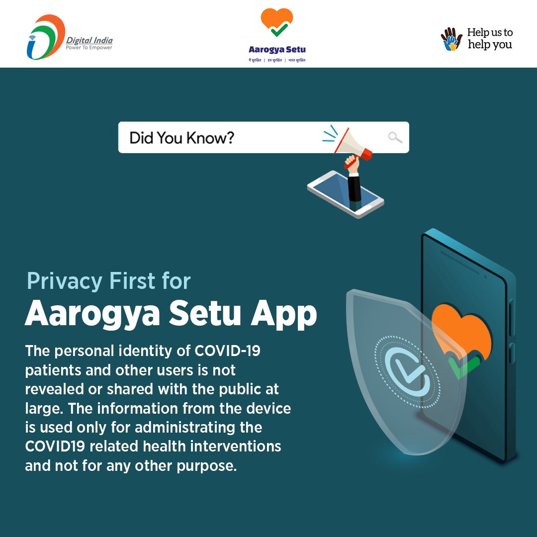 _DigitalIndia's tweet photo. #DidYouKnow | Privacy protection primary for 
@SetuAarogya App. 

Join the fight against #Coronavirus and download the 
#AarogyaSetu App today : 
iOS: https://t.co/eeWB6Xm4Gu
Android: https://t.co/X62xHjofih https://t.co/CDUj9R0NzJ