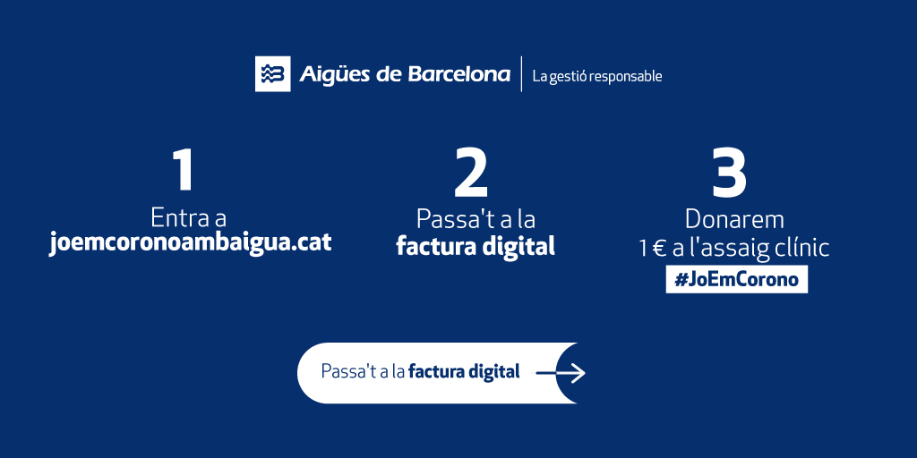 Ara, que tot ho fem des d'un dispositiu electrònic, per què la teva factura encara és en paper? Ara és el millor moment per passar-te a la factura digital perquè, a més, donarem 1 € a l'assaig clínic #JoEmCorono per cada persona que ho faci. 

Entra a ➡️ aiguesdebarcelona.cat/oficinaenxarxa…