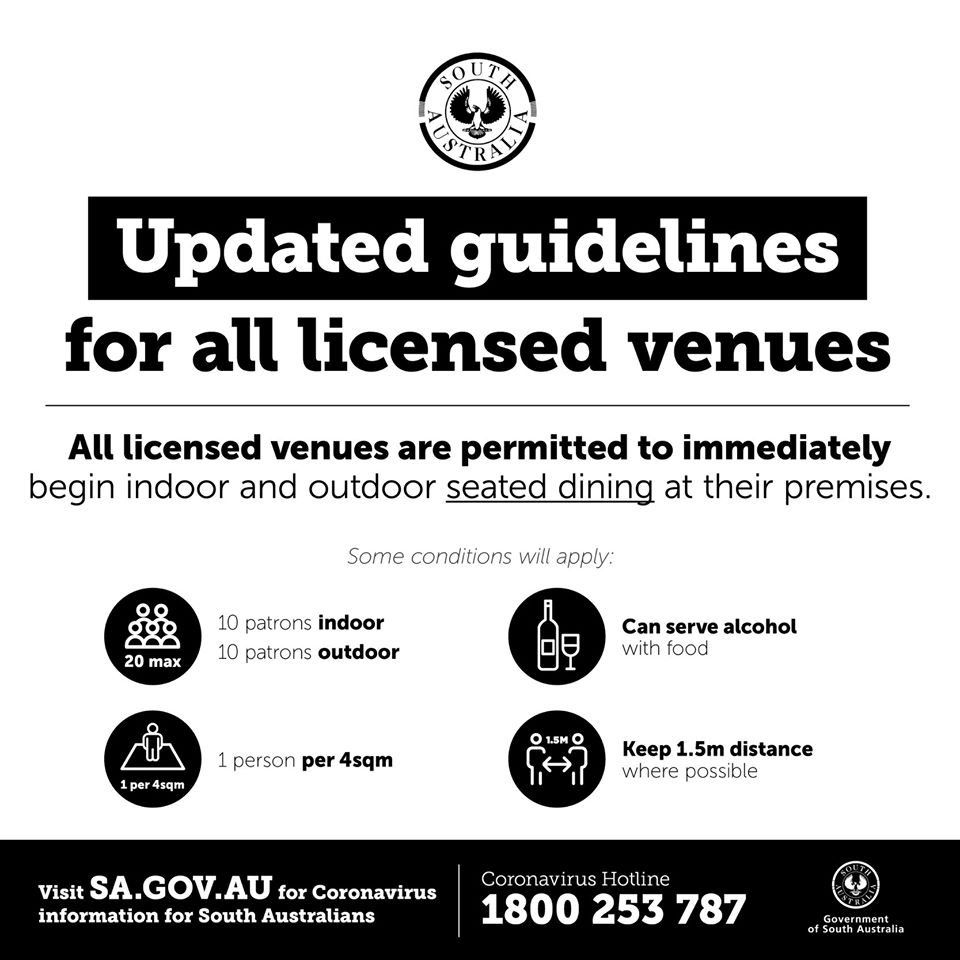 South Australian Premier has just announced that as of 4.30pm today, Friday 22 May ALL licensed venues, including hotels, are able to trade with the certain conditions. The AHA|SA welcomes this announcement by the SA Government. #sahotels