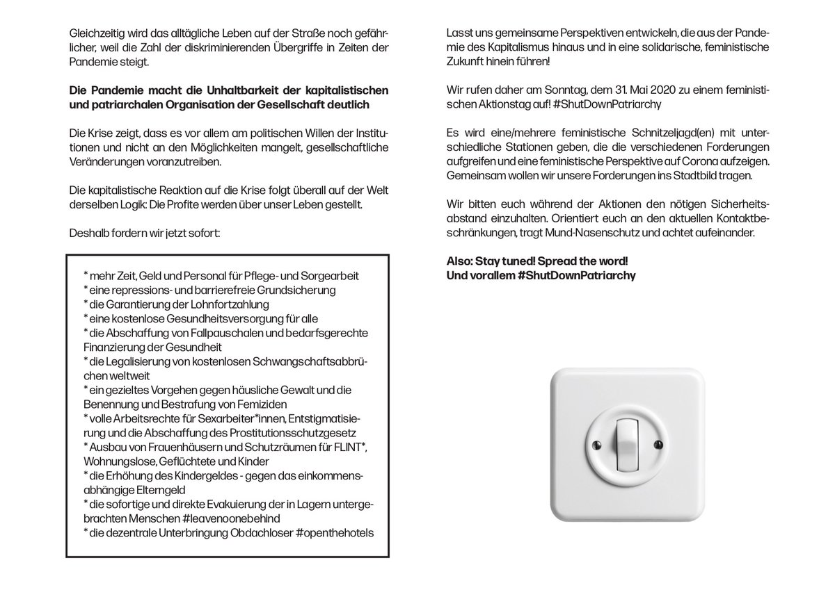 PatriarchyShut's tweet photo. Am 31.05. rufen wir auf zum feministischen Aktionstag: Wir machen eine Schnitzeljagd im Wedding und Neukölln. Es wird zu unseren Forderungen Stationen zu entdecken geben. Hier unser Aufruf 👇 https://t.co/ePiPZnCjAX
