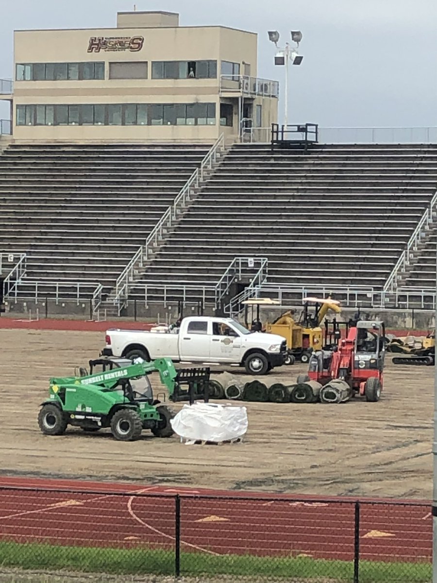 Phase 1 of the turf replacement is complete at Danny Hale Field.  The old surface is removed and work is continuing to install the new surface.  Can’t wait to see football on it soon! #GoHuskies #PullTogether