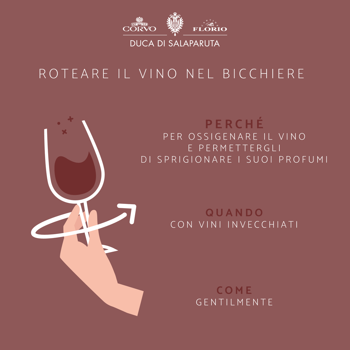 Un gesto rituale quando si degusta un vino è farlo roteare nel bicchiere. Attenzione però: mai farlo con le bollicine o con i vini più giovani e soprattutto... siate sempre delicati nel movimento 🍷