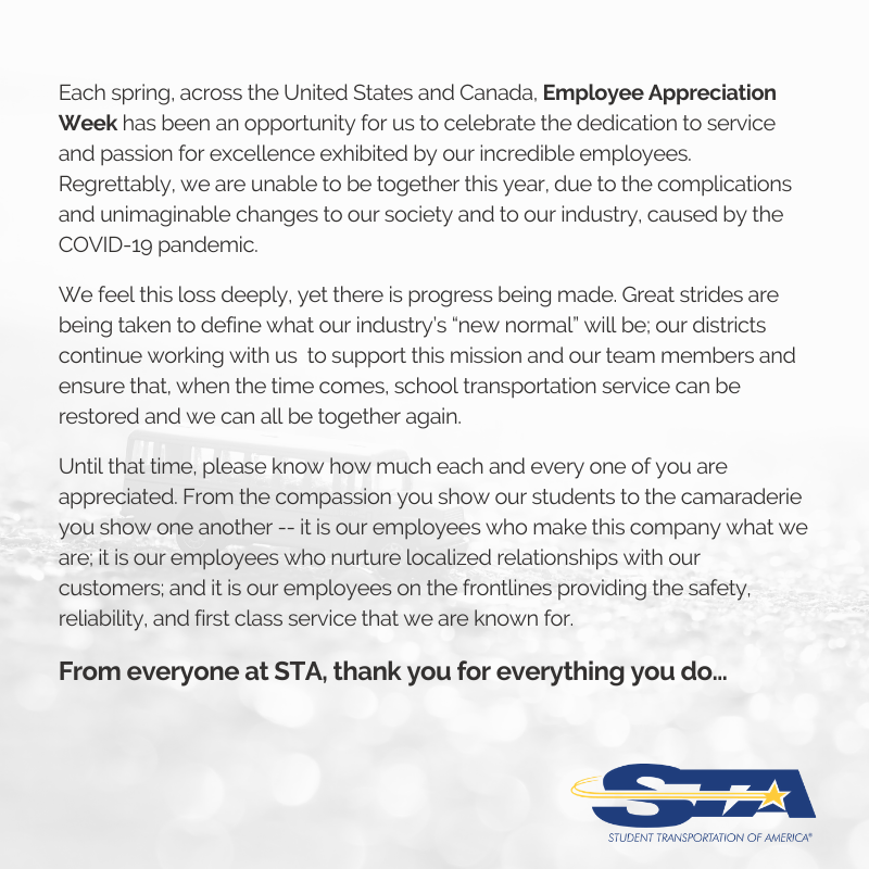 RideSTBus's tweet photo. #EmployeeAppreciationWeek is a time for us to celebrate our incredible employees. Regrettably, we cannot be together this year, but we look ahead to the time when #schooltransportation service can be restored, and we can all be together again. #STAFamily #SchoolBusHero https://t.co/JpQNFkdc7w