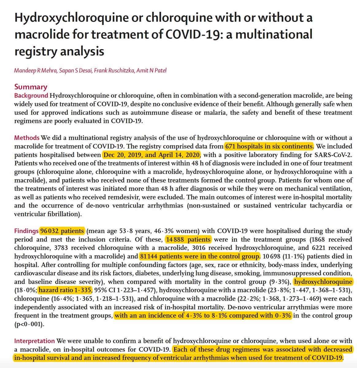 Just published  @TheLancet The largest study of hydroxychloroquine shows a significant increase in death (~35%) and >2-fold increase of serious heart arrhythmias. ~96,000 patients, ~15,000 on HCQ or CQ from 671 hospitals, 6 continents.  https://marlin-prod.literatumonline.com/pb-assets/Lancet/pdfs/S0140673620311806.pdf