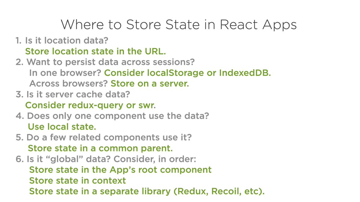 housecor's tweet image. These are the 6 questions I ask to decide where to store state in React apps.
See any missing scenarios? Suggested tweaks?
#reactjs