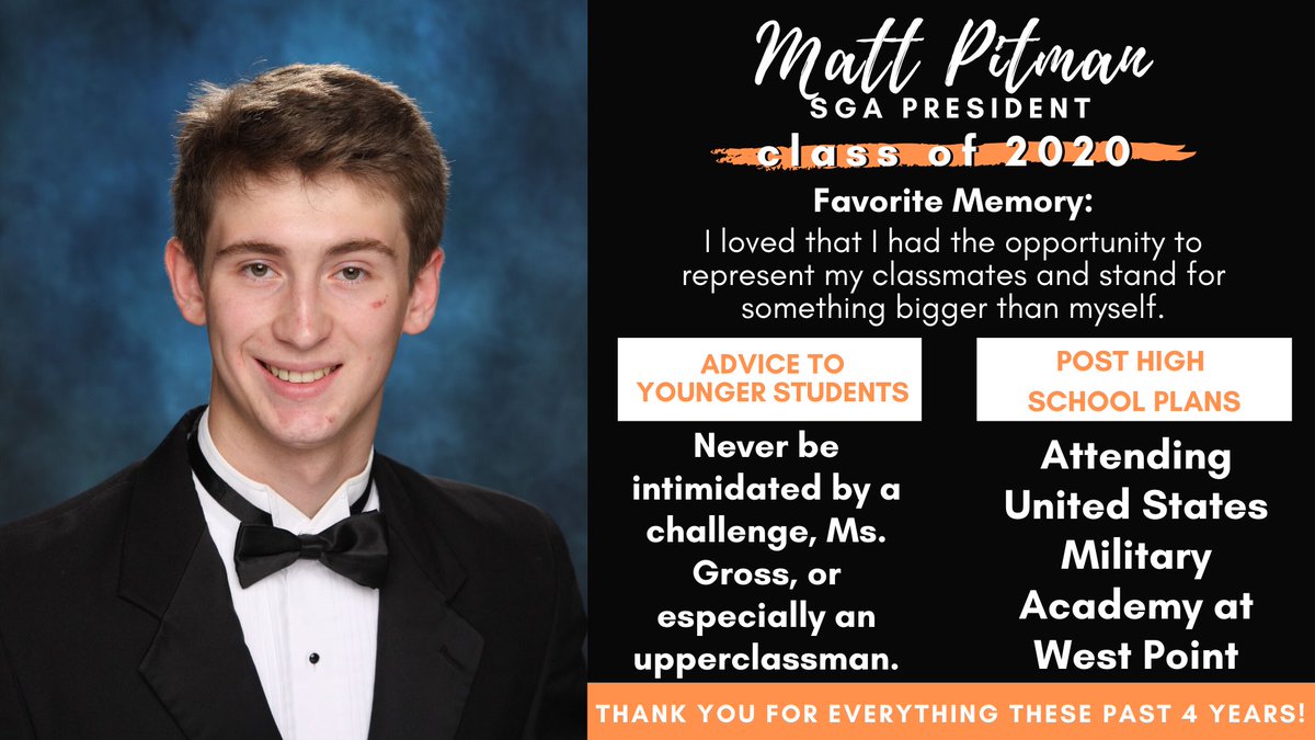 Wrapping up our week of Senior Class Officers, we end with SGA President, Matt Pitman!  Thank you for all four years of phenomenal leadership! 
Congratulations and good luck at West Point! 🖤🧡🎓 #therockvilleway