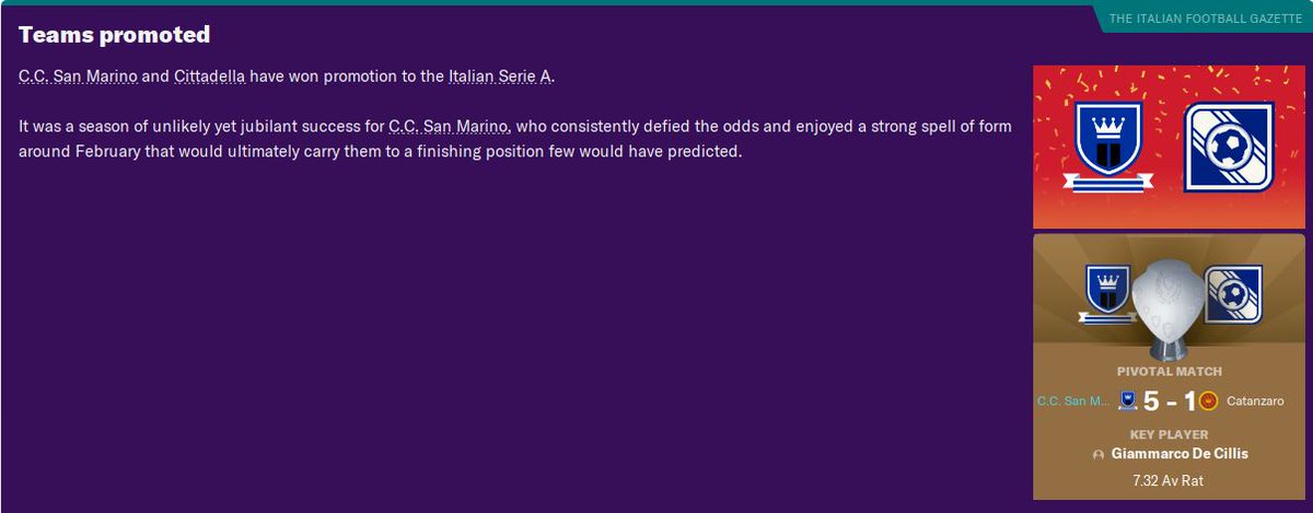 The San Marino club side have made it to Serie A. We have just completed the first upgrade to the youth facilities, so fingers crossed that it will start to benefit the national team in the coming years...  #FM20