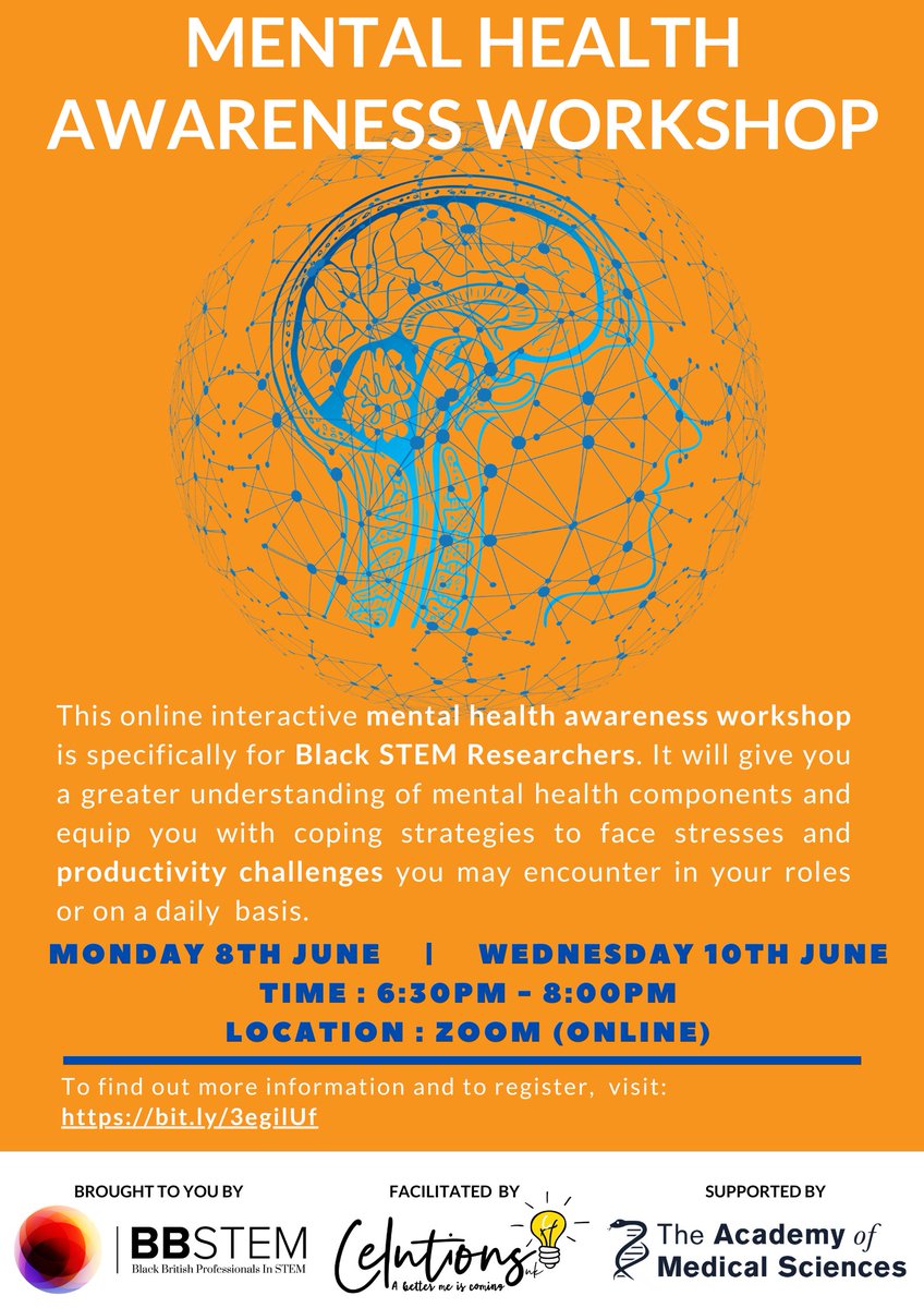 BB_STEM's tweet image. We are pleased to announce that with the support of @acmedsci we’re providing a mental health workshop for Black STEM Researchers! The workshop will be facilitated by @CelutionsUk.
Spaces are limited, register now: buff.ly/2ylZNCs
#MentalHealthAwarenessWeek2020 ☘️ 💚