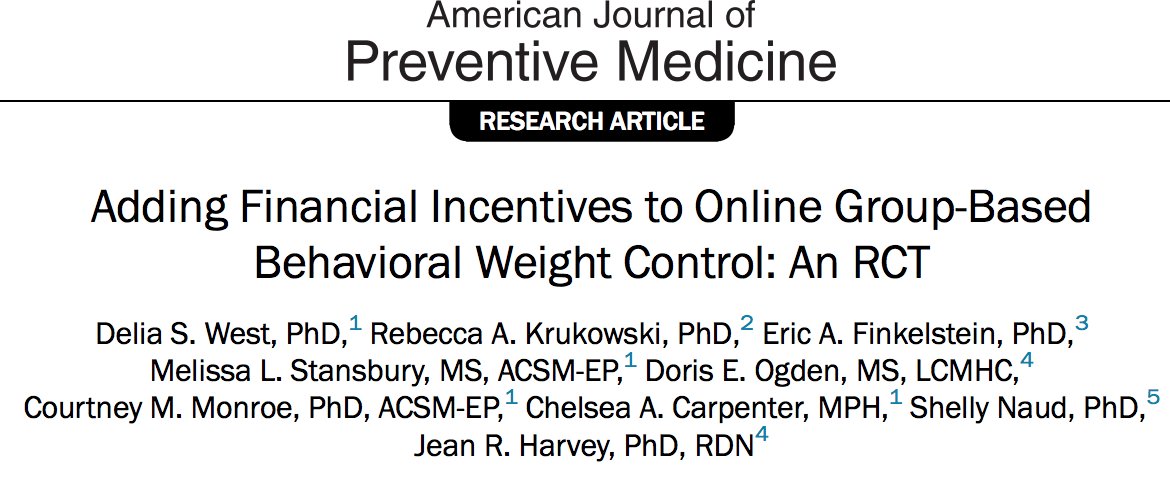 Do financial  #incentives enhance online behavioral weight management? The iREACH3 results are out! Participants in the Internet+incentives group lost more weight (−6.4 kg) than those in the Internet-only group (−4.7 kg; p<0.01).  https://www.ajpmonline.org/article/S0749-3797(20)30158-6/pdf