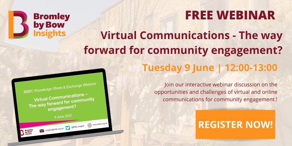 BromleybyBow Insights Team (@bbb_insights) on Twitter photo Hi all! We are holding our second <a href="/Bromley_by_Bow/">BromleybyBow Centre</a> Knowledge Exchange webinar on Tuesday 9th June at 12:00 BST! This time, we will be diving into the challenging topic of virtual communications for #communityengagement. Join us by registering here: eventbrite.co.uk/e/105253056726 Hi all! We are holding our second <a href="/Bromley_by_Bow/">BromleybyBow Centre</a> Knowledge Exchange webinar on Tuesday 9th June at 12:00 BST! This time, we will be diving into the challenging topic of virtual communications for #communityengagement. Join us by registering here: eventbrite.co.uk/e/105253056726