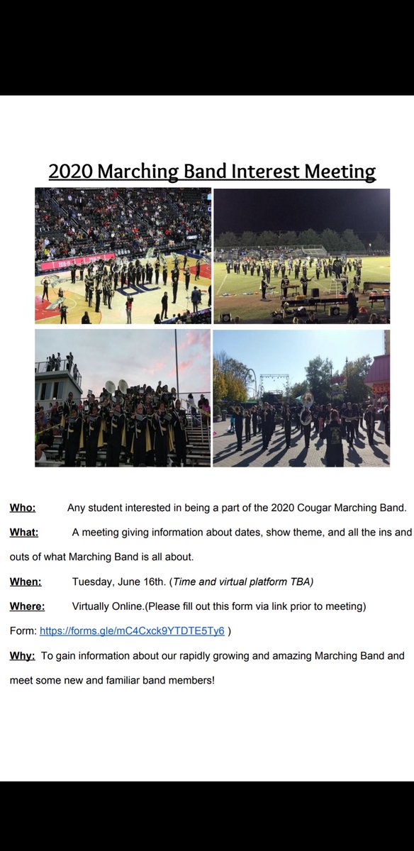 The MPHS Marching Band will hold a virtual interest meeting on June 16. Details below.  Sign up to attend:  forms.gle/mC4Cxck9YTDTE5…
<a href="/MpMiddle/">Manassas Park Middle School</a> <a href="/marchingmp/">MPHSMarchingCougars</a> #MPMSBand