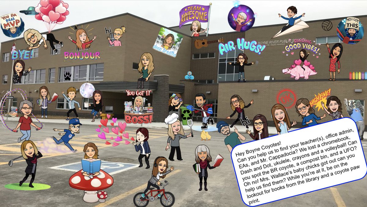 MrsMorrow07's tweet photo. 🔍Where’s Waldo: @boyne_river Edition. Coyotes can you help us figure out who is who?! We also seem to have lost a few items from around the school! #bitmoji #distancelearning @SCDSBProgram https://t.co/MYyP7txy99
