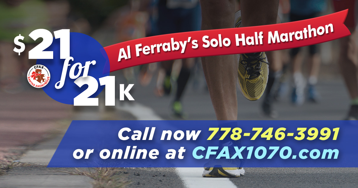 Support kids and families in need in Victoria! Join @alferraby this morning on <a href="/cfax1070/">CFAX 1070 Victoria</a> until 9am for our Live Pledge Morning and be part of Al’s $21 for 21km! All donations support local kids in need. Make a donation online through <a href="/canadahelps/">CanadaHelps</a>: ow.ly/afto50zEfBx #YYJ