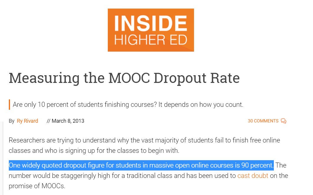 5/ En ce qui concerne l'usage, c'est une catastrophe : 90% des étudiants qui commencent un MOOC abandonnent en cours de route. Ce n'est pas faute de moyens : les "superprofessors" de  @coursera touchent entre 10 000 et 20 000 $ https://www.insidehighered.com/news/2013/03/08/researchers-explore-who-taking-moocs-and-why-so-many-drop-out https://www.thesociologicalreview.com/is-it-a-bird-is-it-a-plane-no-its-superprofessor/