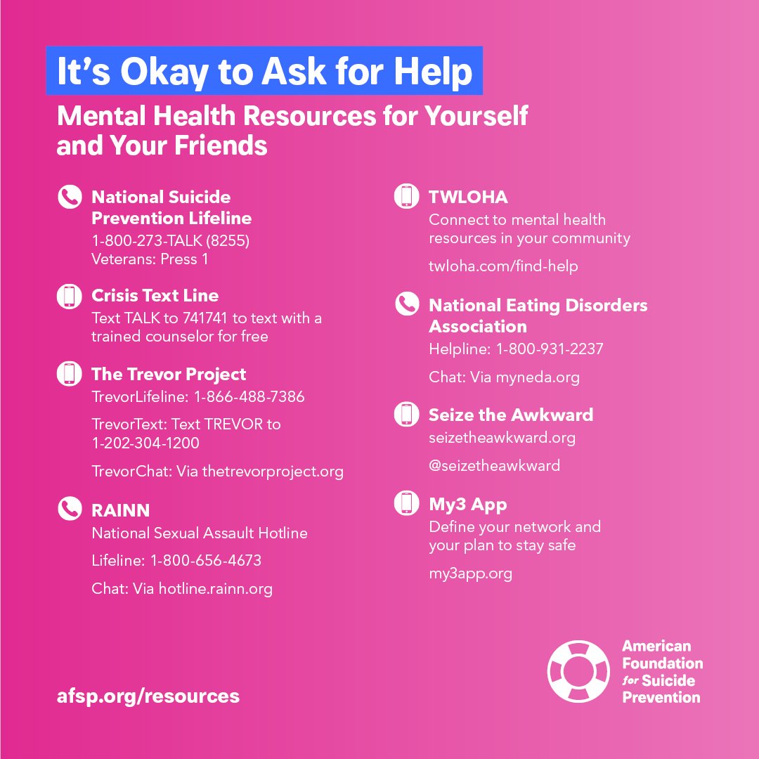 ZackSnyder's tweet photo. Mental Health Resources for Yourself and Your Friends. #AFSP #MentalHealthAwarenessMonth https://t.co/7XGBdVeJMh https://t.co/8roNriOqNY