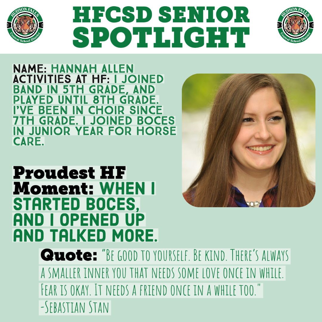 HudsonFallsCSD's tweet photo. Our next #HFSeniorSpotlight is Hannah Allen. Congratulations on your HF career! Best wishes for the future! #HFTigerPride #HFTigerStrong https://t.co/a3UyVvFRPs