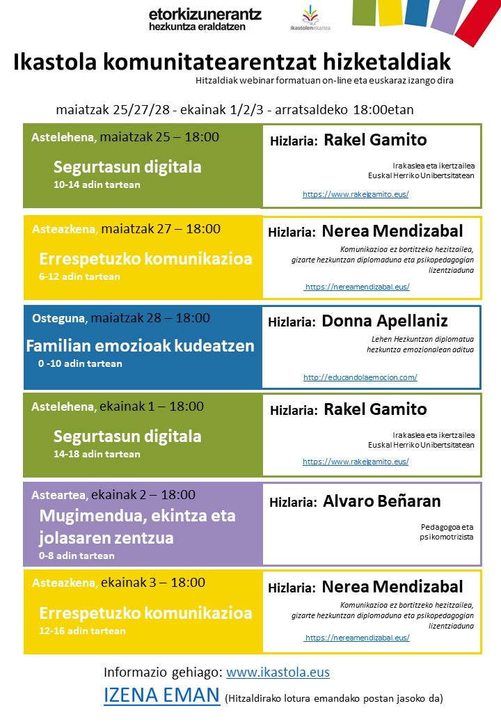 EHIkastolak's tweet photo. Ikastola komunitatearentzako hizketaldiak antolatu ditugu. Maiatzaren 25, 27 eta 28an eta ekainaren 1, 2 eta 3an izango dira, arratsaldeko 18:00etan. https://t.co/glLPeHoDId https://t.co/AQaxnrT181