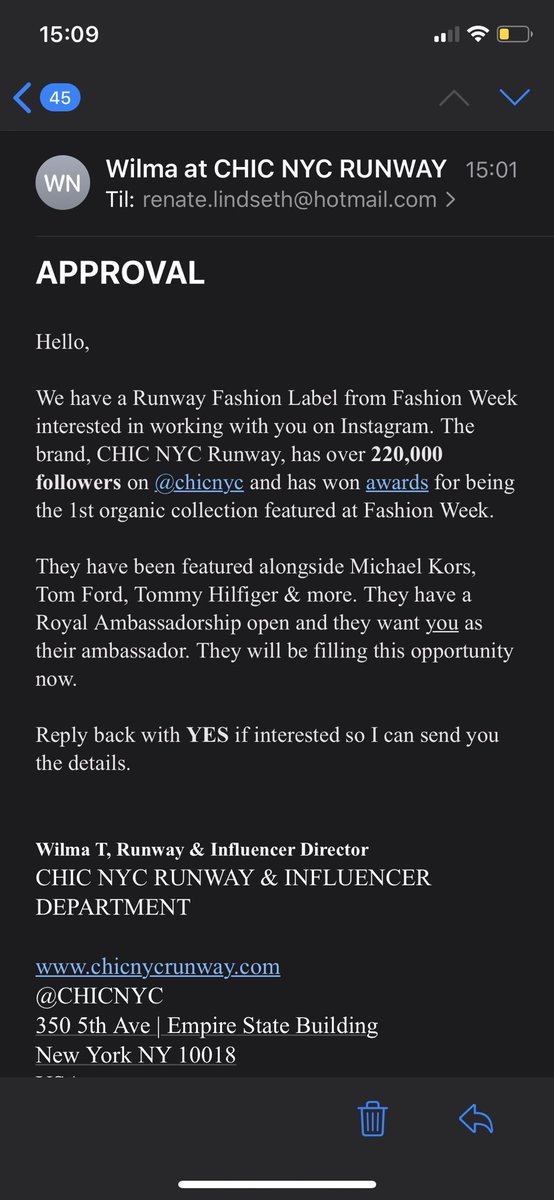 If you get an email from ‘CHIC NYC RUNWAY’ it’s most likely human trafficking. PLEASE be aware!!!! I get 10 emails like this a week