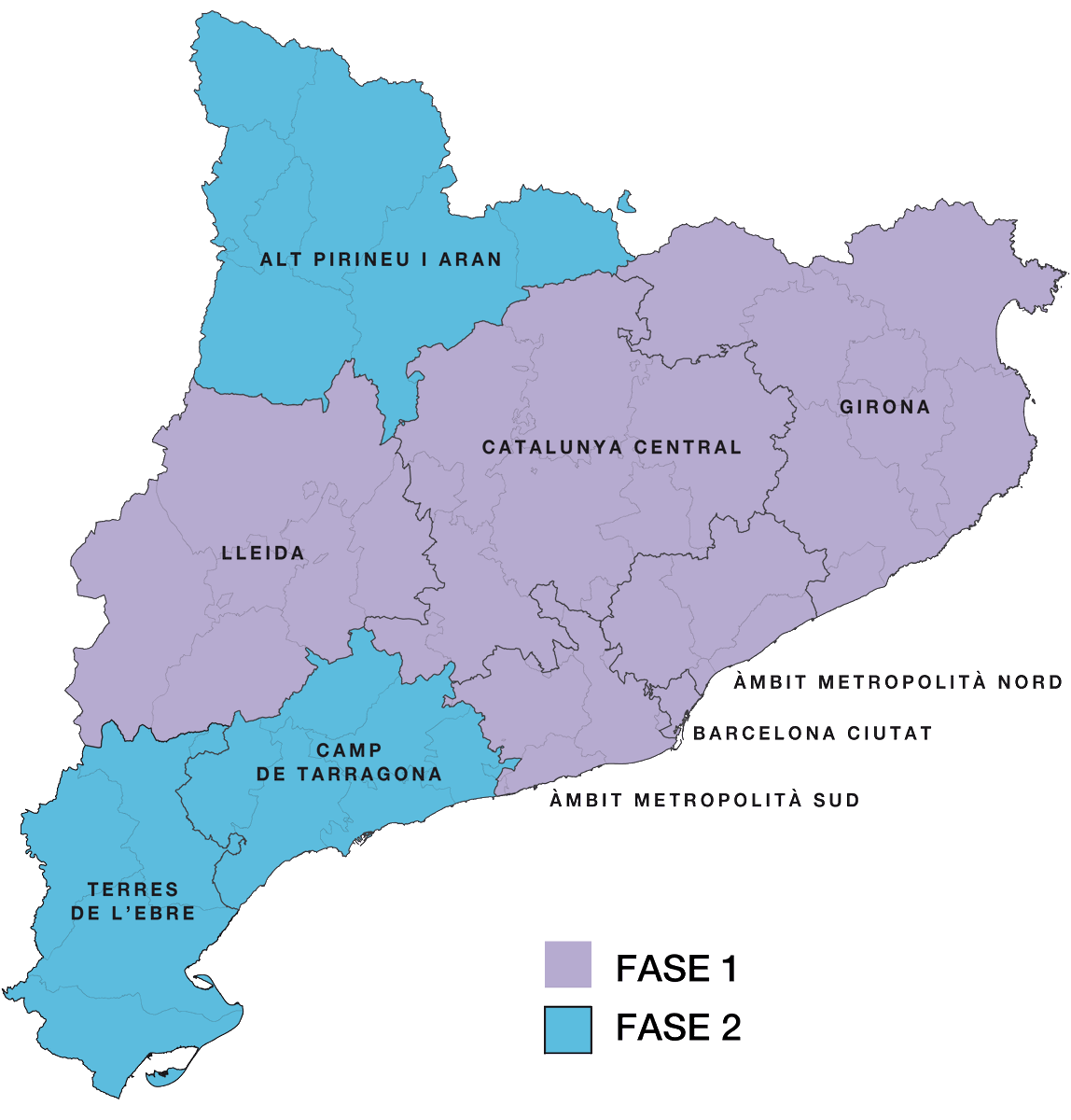 salutcat's tweet photo. 📢Novetats sobre el desconfinament

🔹Dilluns les regions sanitàries que passen a Fase 2 son l'Alt Pirineu i Aran, Camp de Tarragona i Terres de l'Ebre.

🔹Passen a Fase 1 les regions de BCN i les metropolitanes nord/sud.

🔹Lleida, Girona i Catalunya Central continuen en Fase 1. https://t.co/I3LNj1H0fJ