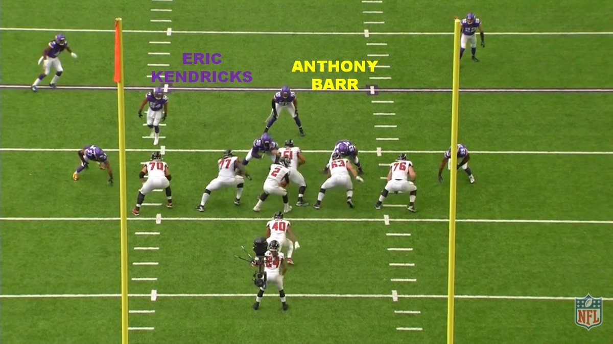2nd down. No TE so no strong side.With no strong side and 2 LBs on the field how do you even define a Mike/Sam/Will?This happens a lot in the modern NFL .So how people are so sure which role various LBs have escapes me.Note Barr is the more central LB though