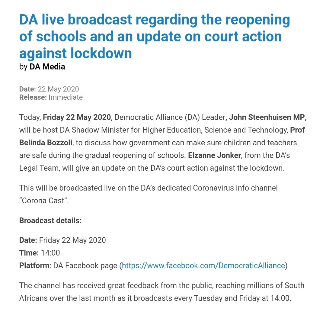 AzolaMboniswa's tweet photo. 🚨 [MEDIA ALERT]

Watch @Our_DA live broadcast at 2pm regarding the reopening of schools with DA Leader @jsteenhuisen &amp; DA Shadow Minister for Higher Education @belbozz.

The DA's Legal Team will also give an update on the party's court action against lockdown.

#day56oflockdown https://t.co/zPpYirhu7y