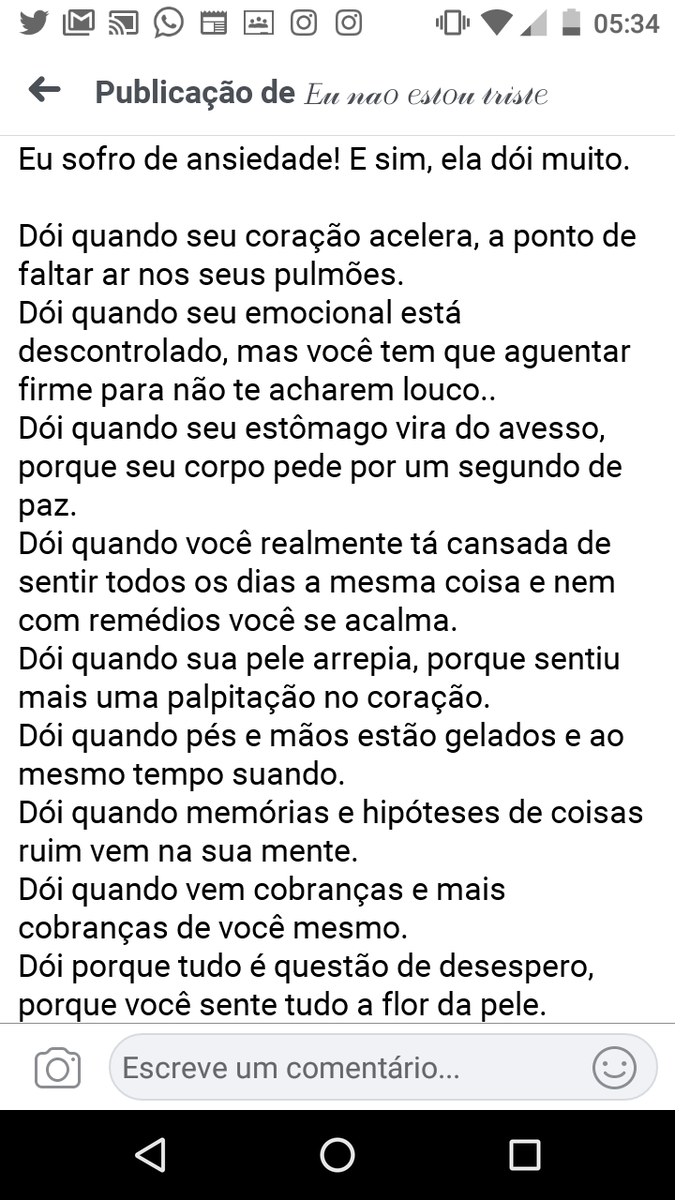 JuTosta20's tweet photo. Nunca li um texto que me definisse tanto, sim gente "crise de ansiedade" dói demais 😔
Já faz mais de um que eu tento sobreviver dia após dia diante desse caos. https://t.co/HxXB8s499a