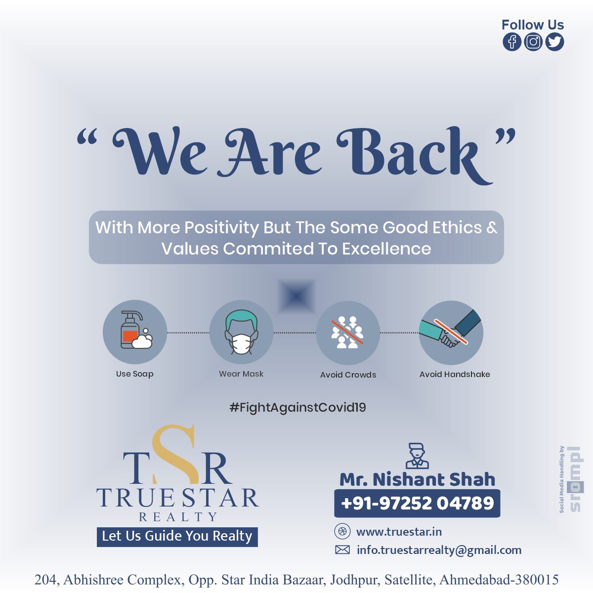 TrueStarRealty's tweet photo. WE ARE BACK...
With Some more positivity and good ethics &amp; values committed  to excellence.....
.
.
.
.
#weareback #workmode #backtowork #workstarted #realestatestyle #realestateagent #realestate #realestatenews #ahmedabad #ahmedabadi #investment #home #homebuying https://t.co/IDQIs0a3iw