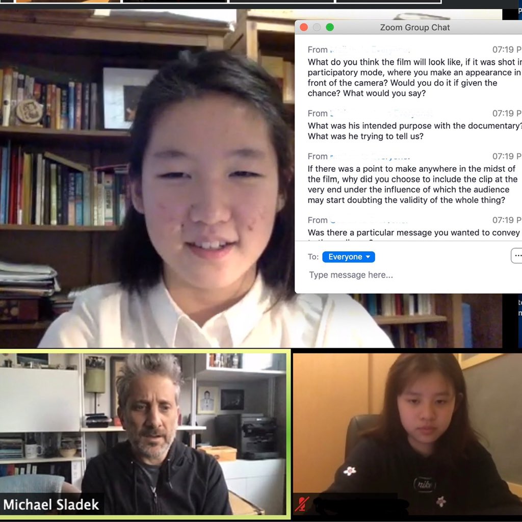 Thank you Ms. Markowski for inviting me to last night’s zoom event. It was so interesting to hear filmmaker Michael Sladek answer questions about documentary filmmaking from our G9 English #LangLit students! #inquiry #LearningAtHome #remoteteaching #myCISB