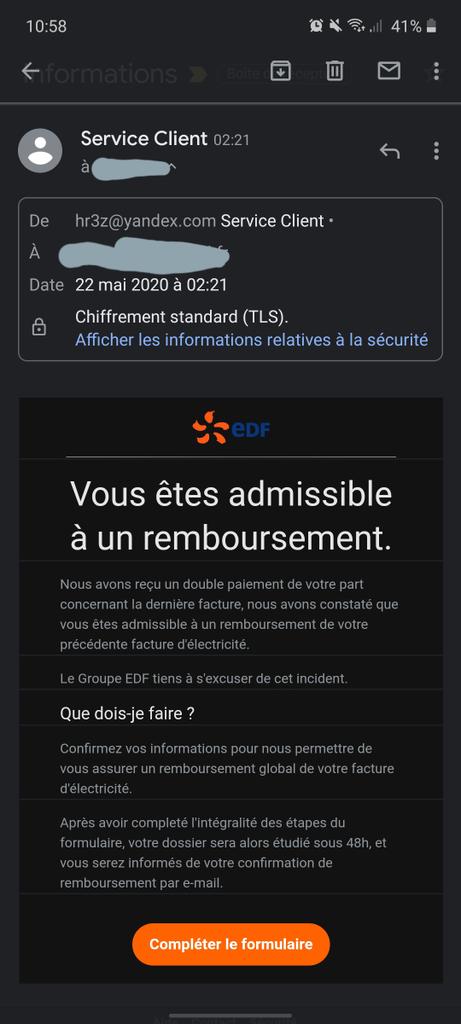 miliesse's tweet photo. Bonjour @EDFetMoi j'ai reçu ce matin de "votre" part un e-mail fort louche... https://t.co/bZxa1QBE1j