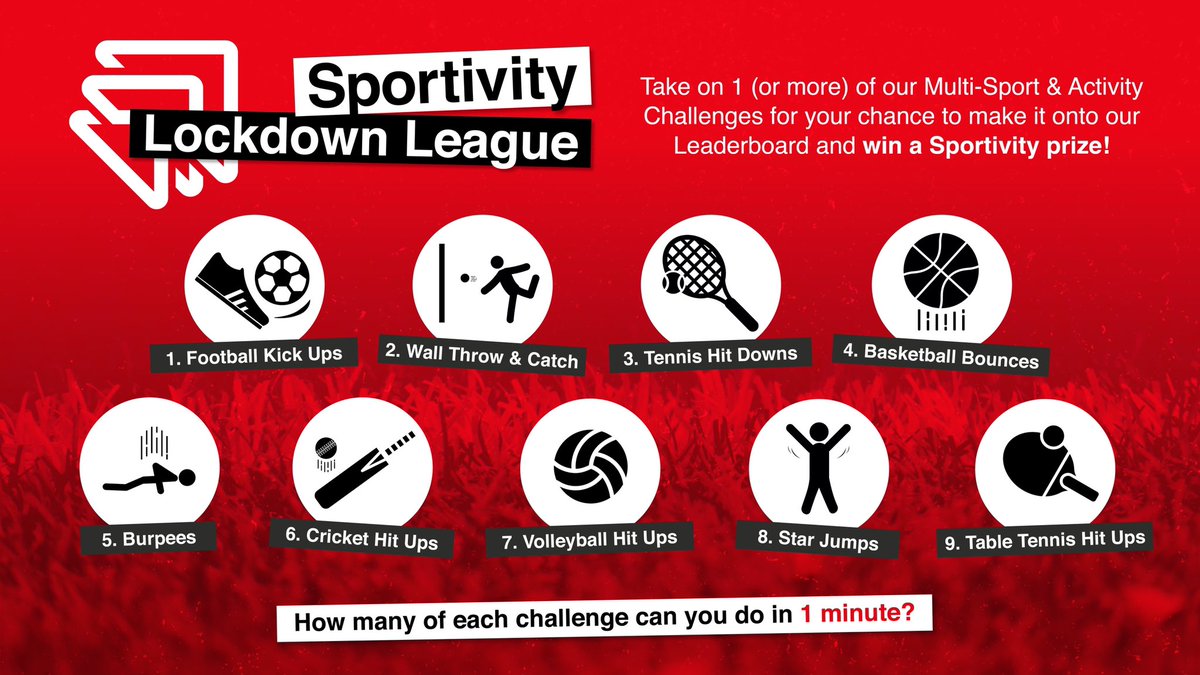 Sportivityserv1's tweet photo. Sportivity Lockdown League is here 🙌

How many of each of our Sport &amp; Activity Challenges can you complete in 1 minute?

To take part:
➡️ Follow our page
➡️ Upload your video(s) in the comments section
➡️ Tag 2 of your friends

Winners announced on June 1st!

#LockdownLeague https://t.co/2gl3YIuDfP