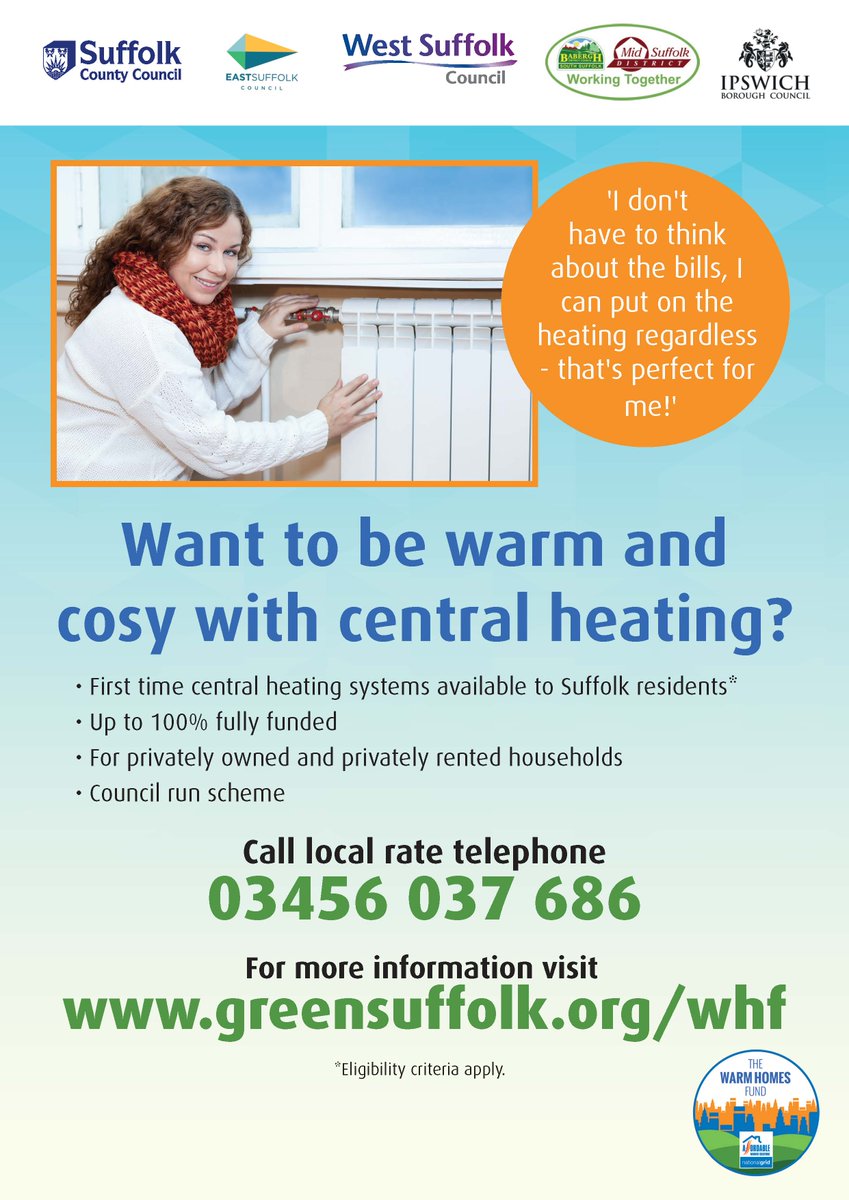 greensuffolk's tweet photo. Want to be warm and cosy next winter with central heating?Don't forget there's up to 100% funding available for first time central heating systems @EastSuffolk @West_Suffolk @BaberghDistrict @MidSuffolk @IpswichGov @suffolkrecycle @SuffolkLibrary @LowestoftFB @FindIpswich https://t.co/XaH7WGoHVd