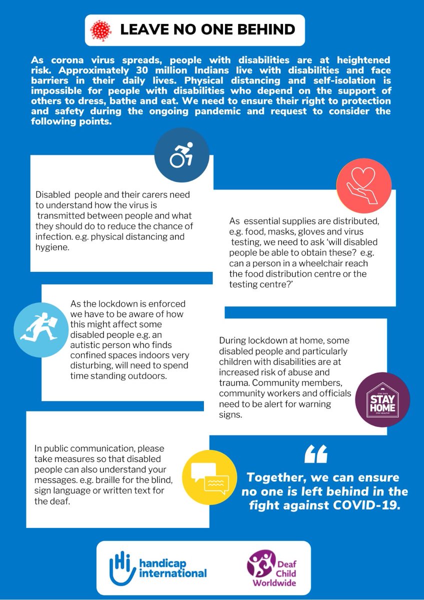 With the number of #COVID19 cases increasing every day in #India it is very important people with disabilities are not left behind & get the support they need. Follow my friends at @DeafChildWW @HI_INNESKA & local organizations like @APD_India & @yadindia .