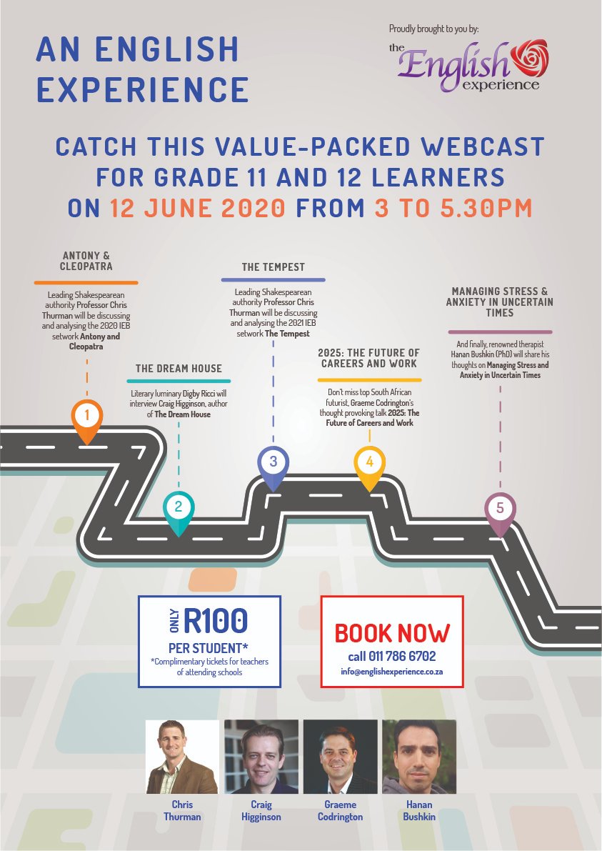 TheEnglishExp's tweet photo. Panel of experts discussing IEB prescribed set works for 2020-21 during live webcast on Friday 12 June 2020.

Contact us today to book your tickets! https://t.co/amPV6BOdsr
