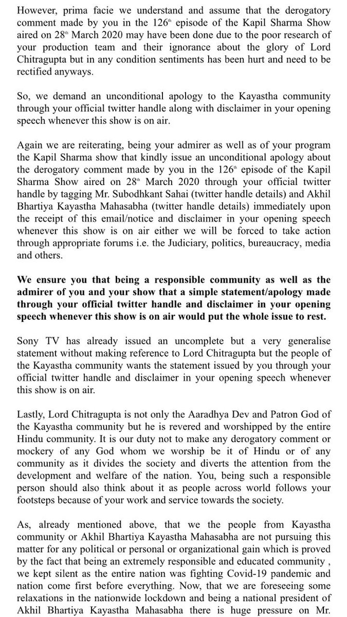 SubodhKantSahai's tweet photo. Kapil Sharma issues apology to Kayastha community for ‘hurting sentiments’ in The Kapil Sharma Show episode @SonyTV @KapilSharmaK9 @abkmofficial @RKSinhaBJP @ShatruganSinha https://t.co/4MIlOuUSjR