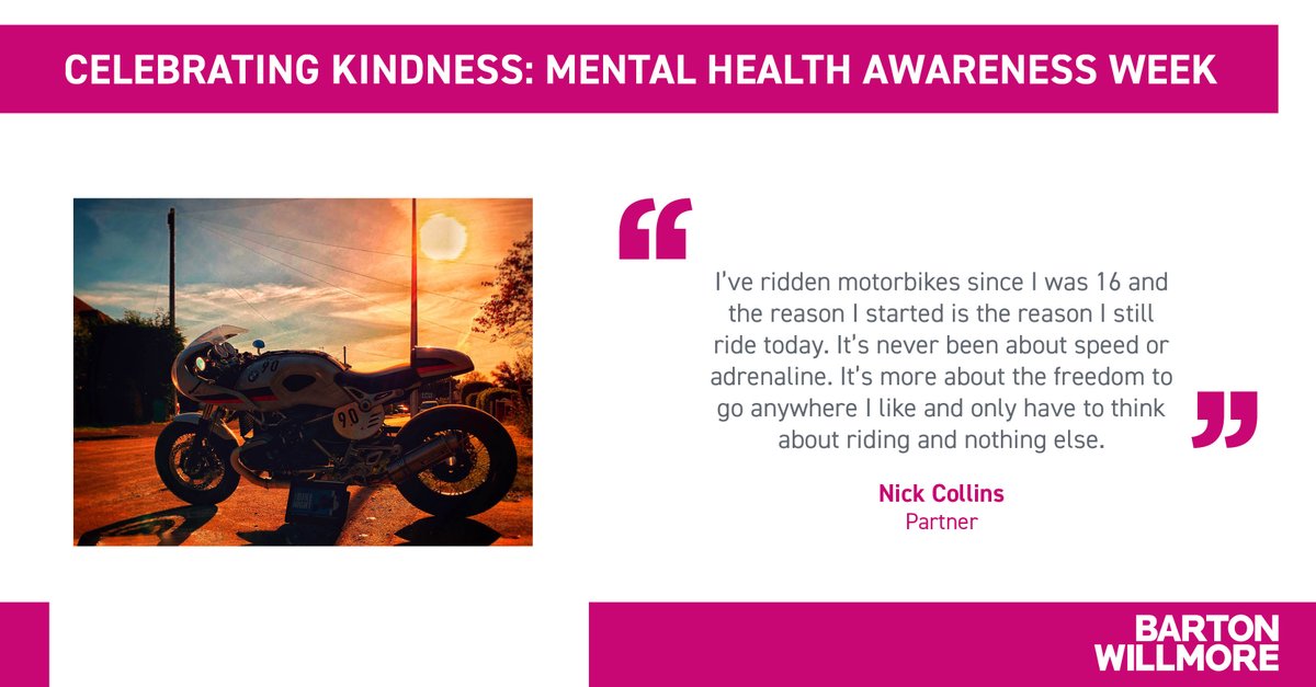 bartonwillmore's tweet photo. What do you do to make yourself happy? Nick's happy place is disconnecting with the outside world by taking his bike for a ride &amp; seeing where he lands up 🏍️  #bekindtoyourself #kindmessmatters #MentalHealthAwarenessWeek https://t.co/U19CZrgrLG