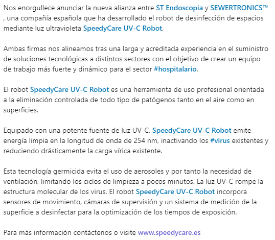 STEndoscopia's tweet photo. Nos enorgullece anunciar la nueva alianza entre 
@STEndoscopia y @sewertronics, una compañía española que ha desarrollado el robot de desinfección de espacios mediante luz ultravioleta  #SpeedyCare UV-C Robot. 

Para más información contáctenos o visite https://t.co/AZCQNx6ghu https://t.co/8UmfkaQczT