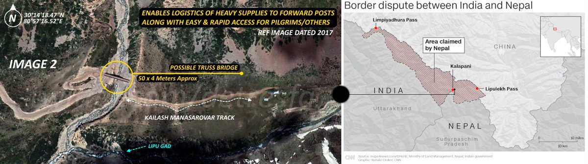 OSINT_313's tweet image. The point of contention between #India &amp;amp; #Nepal refers to the shaded area (Image 1). The immediate triggers seem to be all weather bridge(s) to #KailashManasarovar (Image 2)