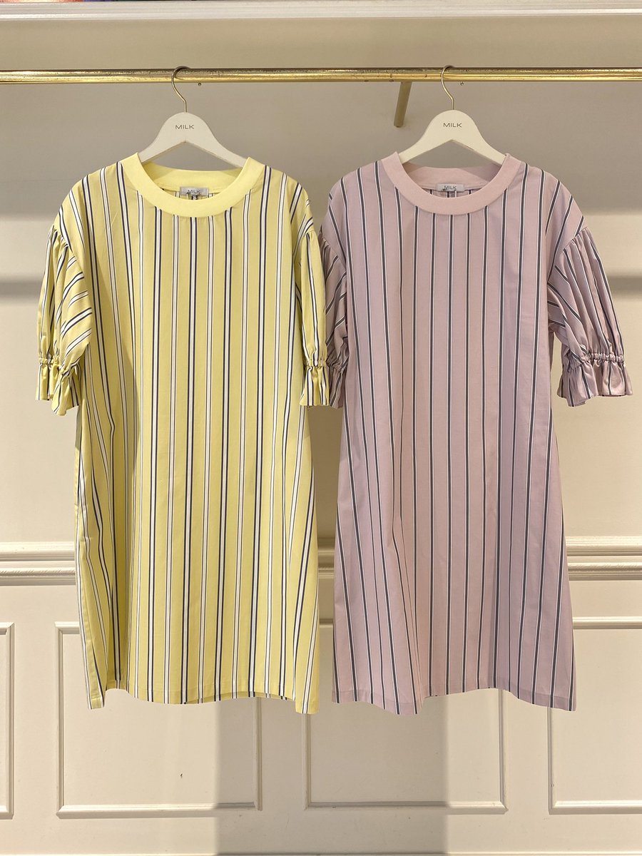 Milk原宿本店 一枚で決まるラフなワンピース ガーリーなパフスリーブと元気いっぱいのストライプはmilkならではのデザインです Day Off Op 18 900 Tax Color ピンクストライプ イエローストライプ