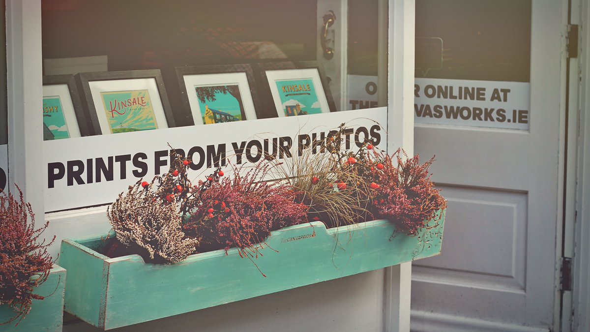 Roll on 8th June when we can re-open &amp; welcome you back to Main Street &amp; our gallery.  Thanks to #daisychainkinsale for these lovely flower boxes - time to replant soon!  In the meantime, we're OPEN online for #vintage style prints &amp; your own photos on #canvas #framed and more.