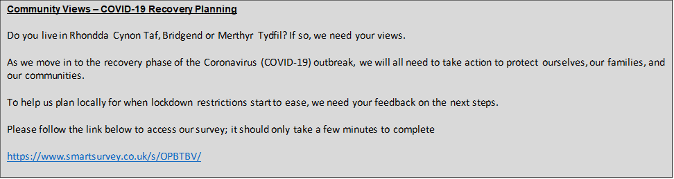Public health are keen to find out peoples views as we enter the recovery phase of covid-19. To take part in the survey please click on the link. smartsurvey.co.uk/s/OPBTBV/