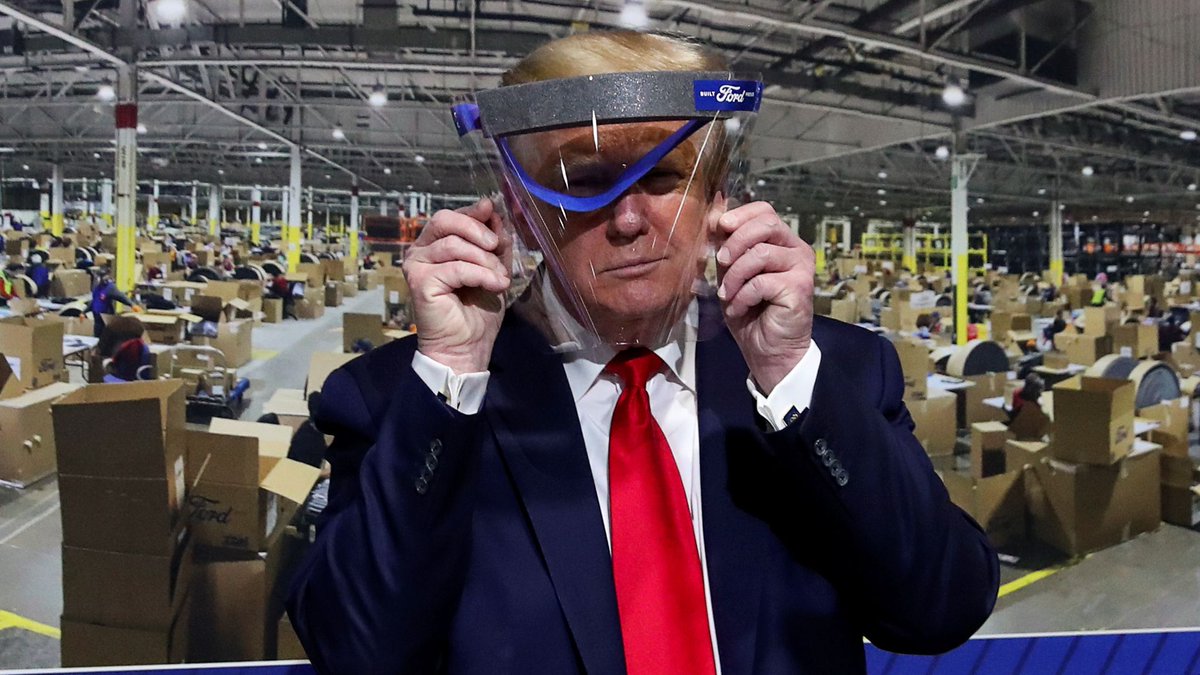 While he doesn’t want to be shown wearing a mask, Trump did pose with a plastic face shield.  https://news.sky.com/story/coronavirus-trump-refuses-to-wear-face-mask-in-factory-despite-state-warning-it-will-ban-his-future-visits-11992487