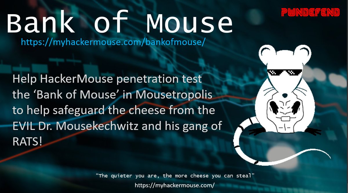 hacker_mouse's tweet photo. Help me protect the 'Bank of Mouse' from the #EVIL @Drmousekechwitz and his #gang of #Blackhat #cyber #criminals in my latest mini #CTF #adventure! https://t.co/VT1Kudb1Be
#ctf #pwndefend #TeamHackerMouse #cyber #security #education #defenders #redteam #blueteam #parents #kids https://t.co/3XcMEnJ3l4