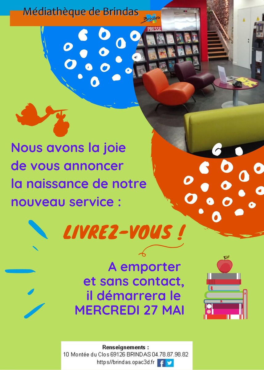 MedBrindas's tweet photo. Nous avons la joie de vous annoncer la naissance de notre service de déconfinement : Livrez-vous !

#MédiathèqueBrindas #Déconfinement #LivrezVous https://t.co/7TplfZVhVZ