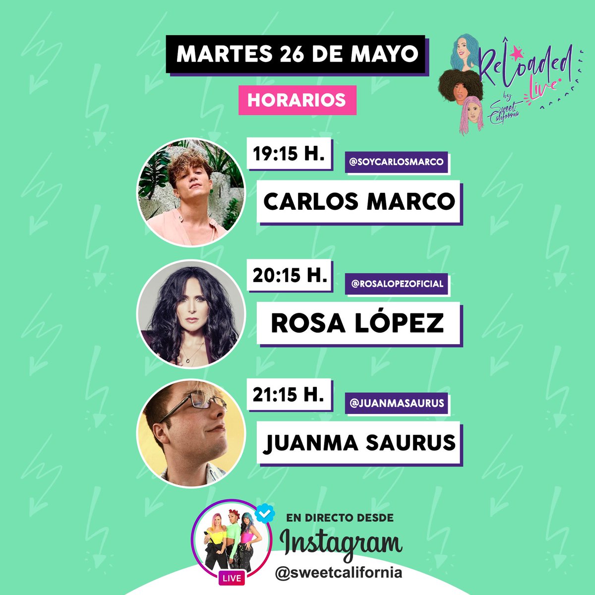 SweetCalifornia's tweet photo. ¡Que ganas de martes! ¡Os dejamos los invitados del próximo #ReloadedLive! @CarlosMarco @RosaLopez @Juanmasaurus https://t.co/SdkAcgNY1N