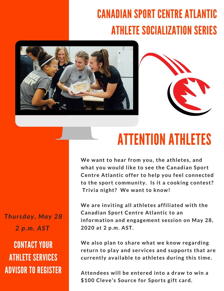 ⚠️Attention athletes⚠️

We want to hear from you!
We want to know what you would like to see the Canadian Sport Centre Atlantic Offer to help you feel connected to the sport community.
Is it a cooking contest?👨‍🍳
Is it a trivia night?💭
We want to know! 👇👇