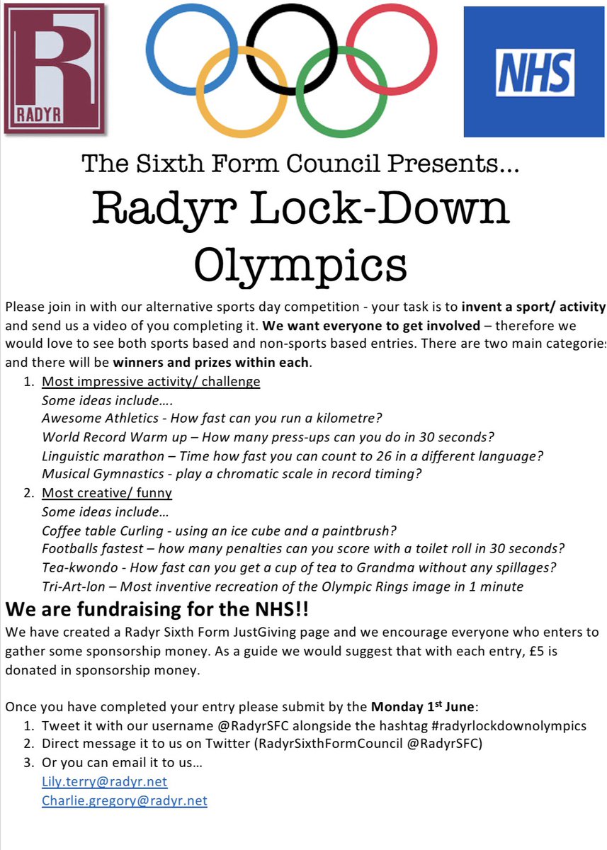 RadyrSFC's tweet photo. In order to raise money for the NHS the Sixth Form Council have come up with the “Radyr Lock Down Olympics”. The competition is open to everyone at Radyr Comp, get involved!! Send your entries via twitter or email, we can’t wait to see them!! More details provided in the poster:) https://t.co/nKdTcTOgre