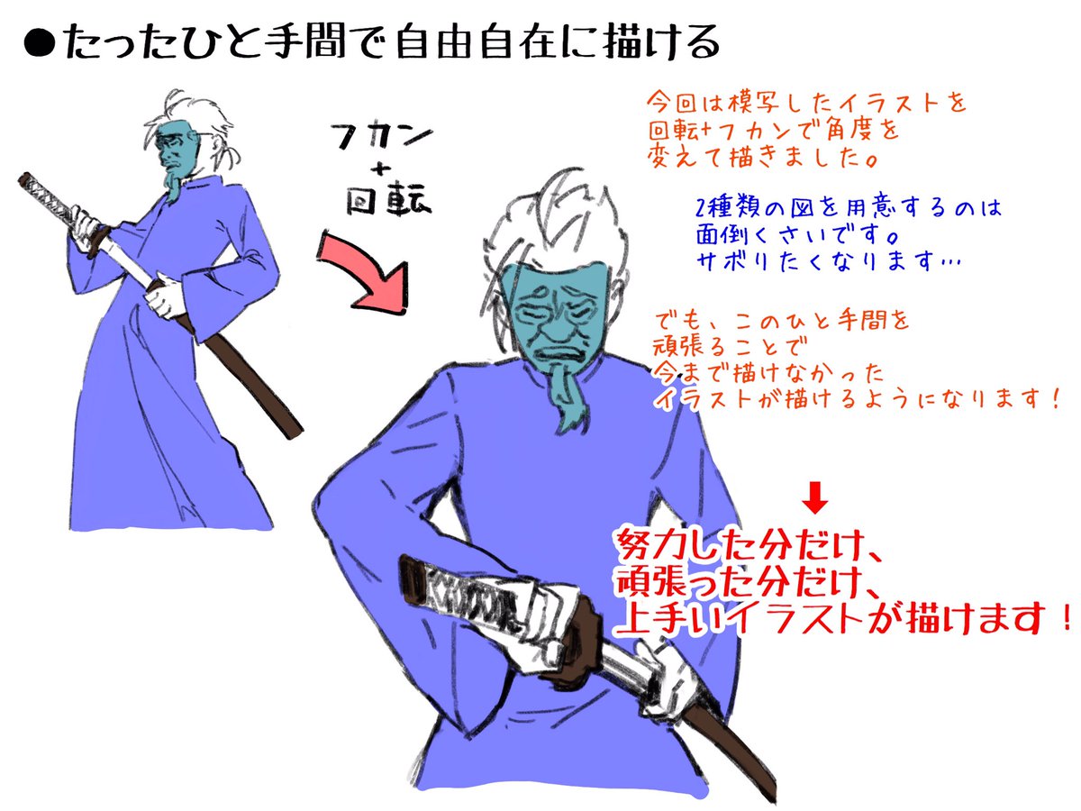 【模写の角度を変える描き方まとめ】

ポーズの資料はあるけど、自分の描きたい角度じゃなくて困ったことありませんか?

回転、フカン、アオリなど自由自在にに角度を変えて描けたら?
何種類もポーズの資料を探す手間が省けますよね?

ほんのひと手間で自分のイラストが生まれ変わりますよ!? 