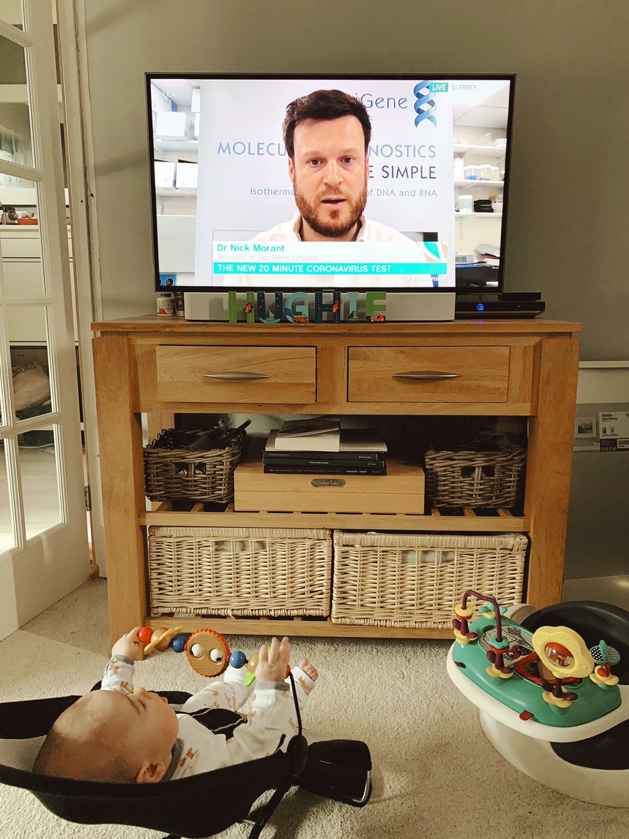 MaredEvans's tweet photo. Little Hughie watching his Daddy @morantn on @thismorning with @EamonnHolmes and @RuthieeL - explaining more about the rapid #Covid19 test developed by @OptiGeneLtd ! https://t.co/kKj3sBifIq