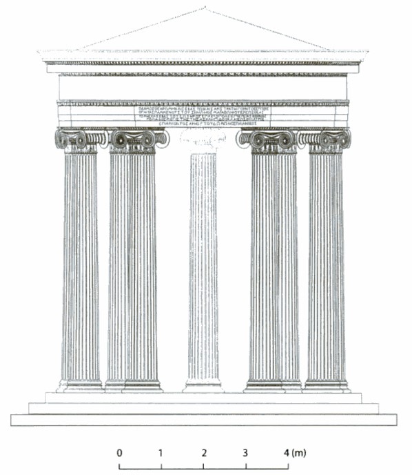 Despite its Roman implications, the few surviving fragments of the Temple to Rome and Augustus present architecture that fit in its Greek context. A round marble tholos with ornate Ionic columns, the temple mimics aspects of the style of the nearby Erechtheion!