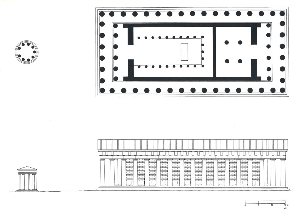 Despite its Roman implications, the few surviving fragments of the Temple to Rome and Augustus present architecture that fit in its Greek context. A round marble tholos with ornate Ionic columns, the temple mimics aspects of the style of the nearby Erechtheion!